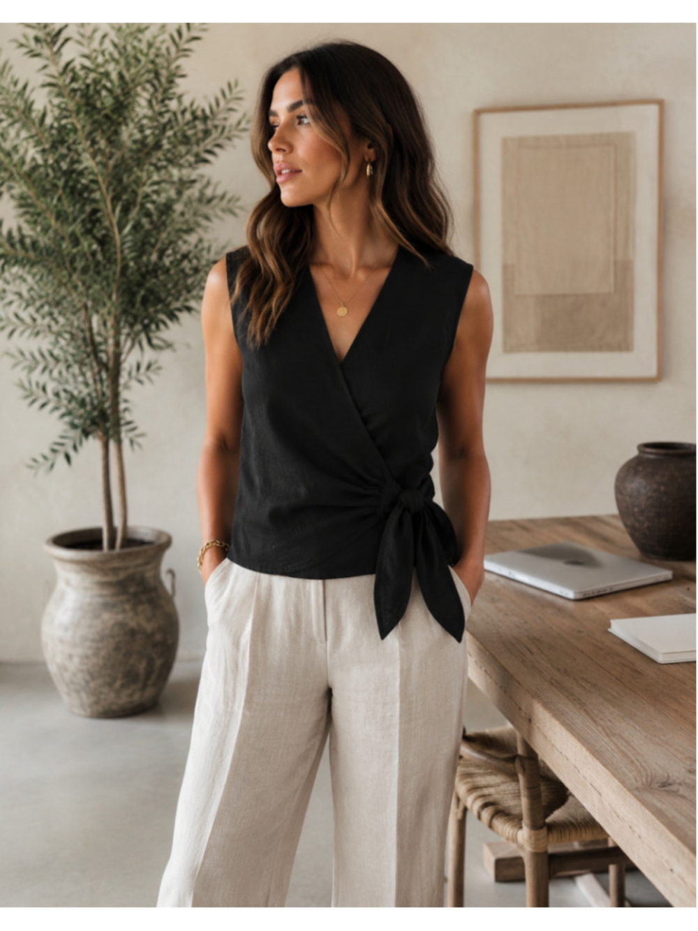 Banana Republic Black Linen Cotton Wrap Tie Sleeveless Top Small Petite NWT $80